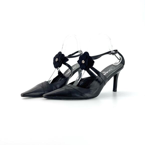 Chanel Retro Vintage CC Logo Camellia Slingback Ankle Strap Pointed Toe Pumps 40 - Picture 1 of 12